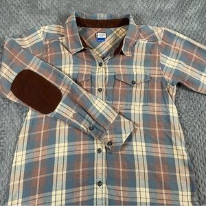 Kavu Men's Plaid Button-Down Shirt Size Small Elbow Patch Blue Orange Outdoor